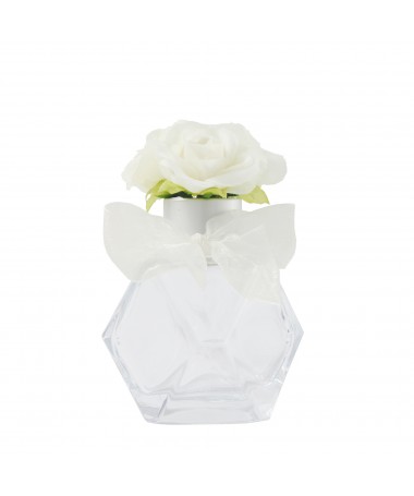 BOTTIGLIA 100 ML TRASPARENTE CON ROSA BIANCA