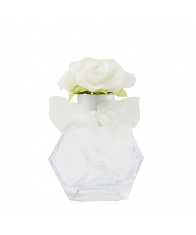 BOTTIGLIA 100 ML TRASPARENTE CON ROSA BIANCA