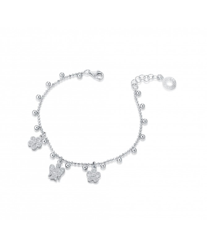 BRACCIALE CON ANGELO E FIORI CHARMS IN ARGENTO E ZIRCONI BIANCHI