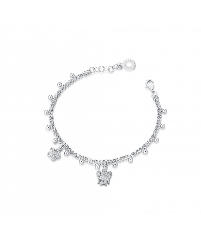 BRACCIALE A DOPPIA CATENA CON ANGELO E FIORE CHARMS IN ARGENTO E ZIRCONI BIANCHI