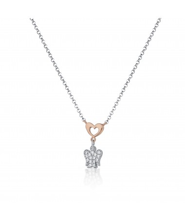 COLLANA CON PENDENTE ANGELO IN ARGENTO, ZIRCONI BIANCHI E CUORE IN ARGENTO ROSATO