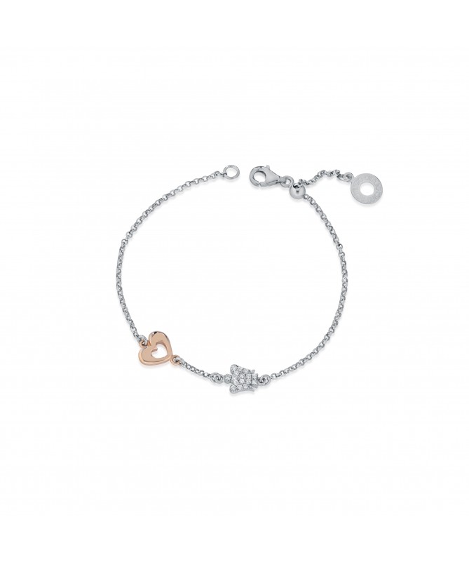 BRACCIALE CON ANGELO IN ARGENTO, ZIRCONI BIANCHI E CUORE IN ARGENTO ROSATO