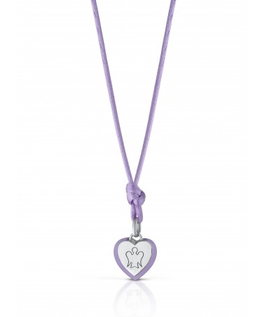 PENDENTE CUORE IN ARGENTO CON ANGELO, SMALTO IRIS E CORDINO IN TINTA