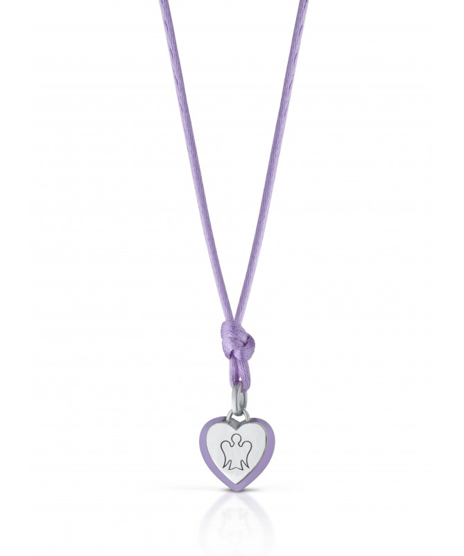 PENDENTE CUORE IN ARGENTO CON ANGELO, SMALTO IRIS E CORDINO IN TINTA