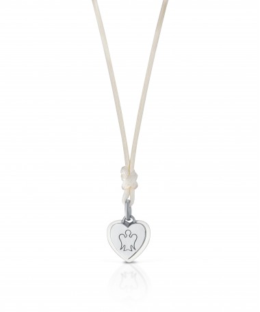 PENDENTE CUORE IN ARGENTO CON ANGELO , SMALTO PANNA E CORDINO IN TINTA
