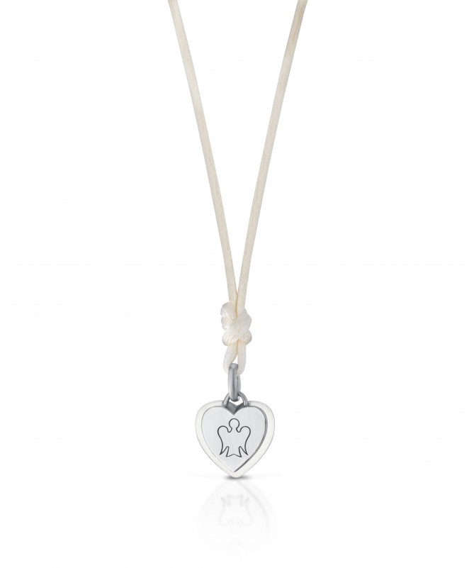 PENDENTE CUORE IN ARGENTO CON ANGELO , SMALTO PANNA E CORDINO IN TINTA