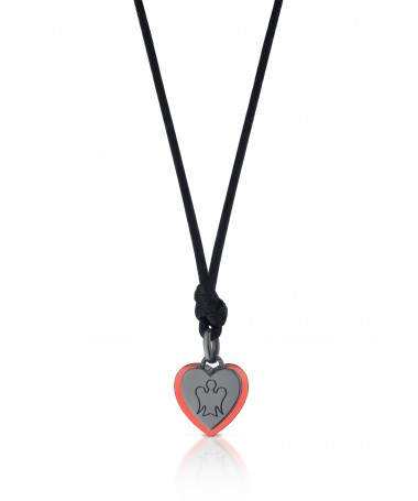 PENDENTE CUORE IN ARGENTO RUTENIO CON ANGELO, SMALTO ARANCIONE E CORDINO NERO