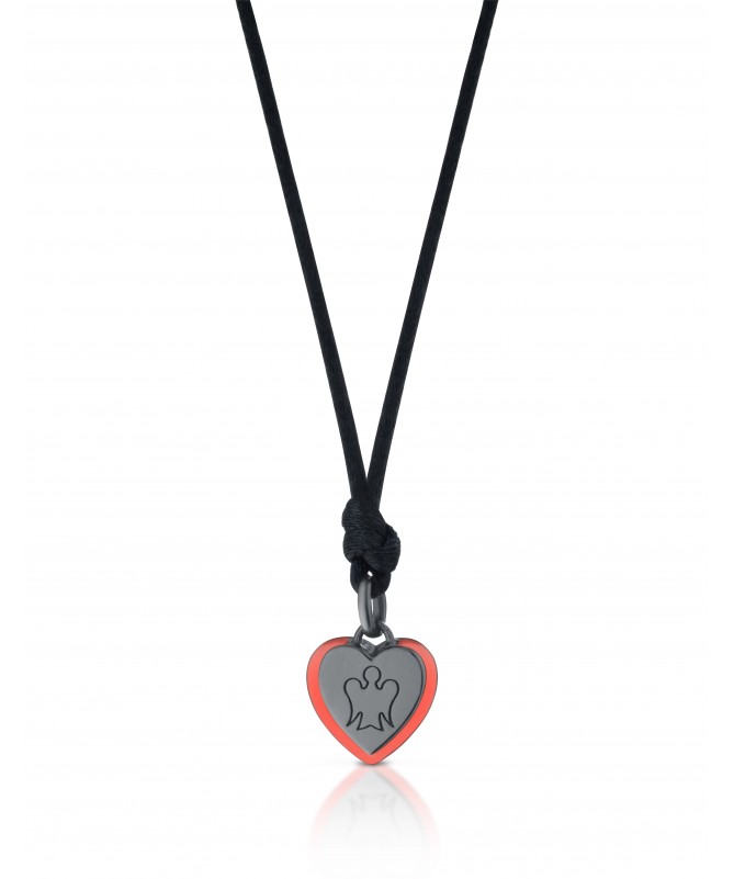 PENDENTE CUORE IN ARGENTO RUTENIO CON ANGELO, SMALTO ARANCIONE E CORDINO NERO
