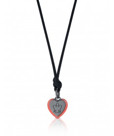 PENDENTE CUORE IN ARGENTO RUTENIO CON ANGELO, SMALTO ARANCIONE E CORDINO NERO