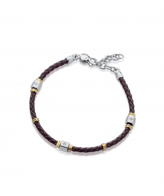 BRACCIALE IN PELLE INTRECCIATA MARRONE, ELEMENTI IN ARGENTO CON DIAMANTE E ANGELO INCISO A LASER