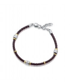 BRACCIALE IN PELLE INTRECCIATA MARRONE, ELEMENTI IN ARGENTO CON DIAMANTE E ANGELO INCISO A LASER