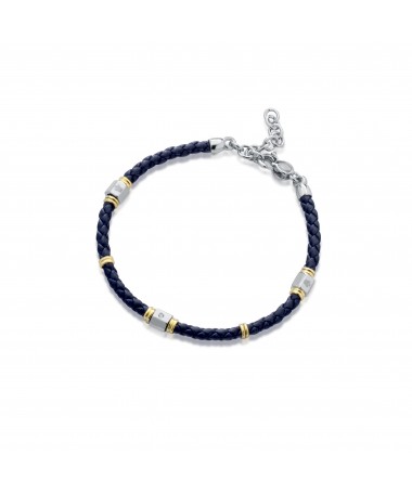 BRACCIALE IN PELLE INTRECCIATA BLU, ELEMENTI IN ARGENTO CON DIAMANTE E ANGELO INCISO A LASER