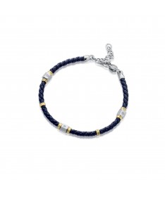 BRACCIALE IN PELLE INTRECCIATA BLU, ELEMENTI IN ARGENTO CON DIAMANTE E ANGELO INCISO A LASER