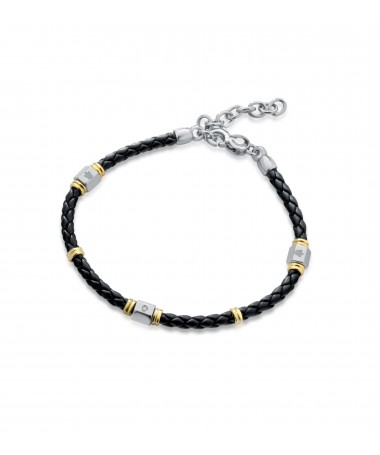 BRACCIALE IN PELLE INTRECCIATA NERA , ELEMENTI IN ARGENTO CON DIAMANTE E ANGELO INCISO A LASER