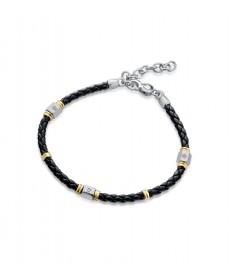 BRACCIALE IN PELLE INTRECCIATA NERA , ELEMENTI IN ARGENTO CON DIAMANTE E ANGELO INCISO A LASER