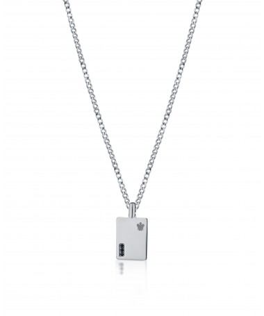COLLANA IN ARGENTO, PENDENTE CON SPINELLI NERI E ANGELO INCISO A LASER