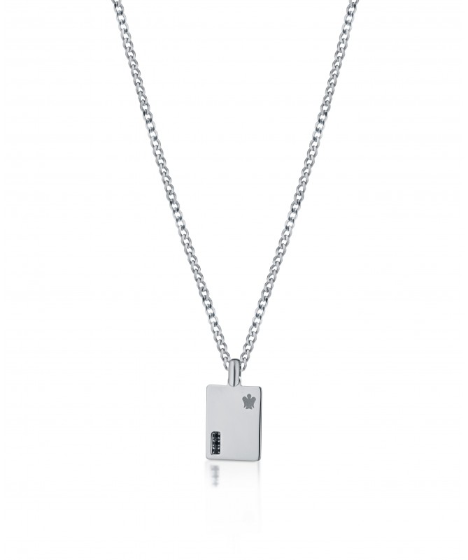 COLLANA IN ARGENTO, PENDENTE CON SPINELLI NERI E ANGELO INCISO A LASER