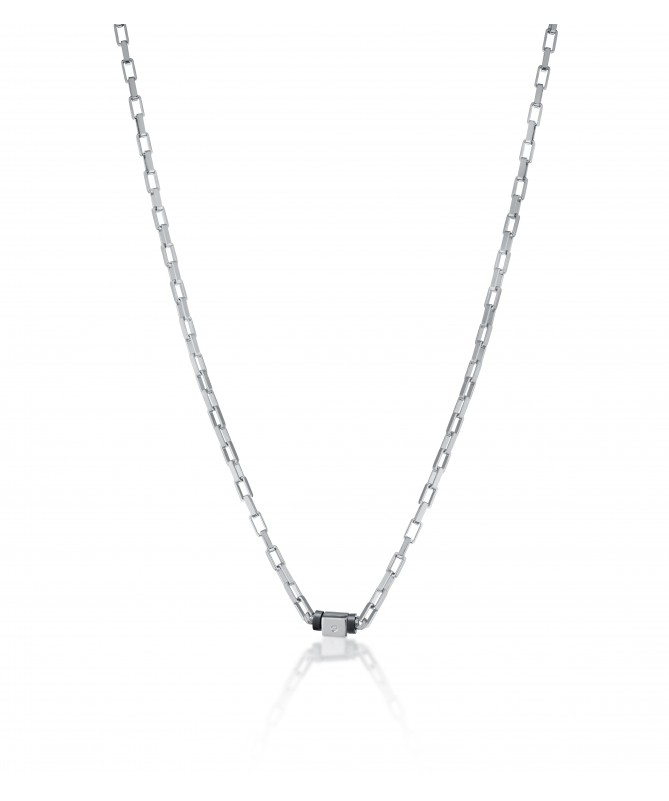 COLLANA IN ARGENTO, ELEMENTO CENTRALE CON DIAMANTE E ANGELO INCISO A LASER