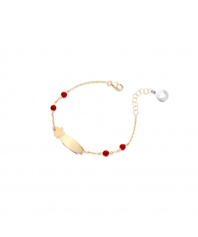 BRACCIALE BIMBO/A CON TARGHETTA ANGELO IN ORO GIALLO E CORALLI ROSSI