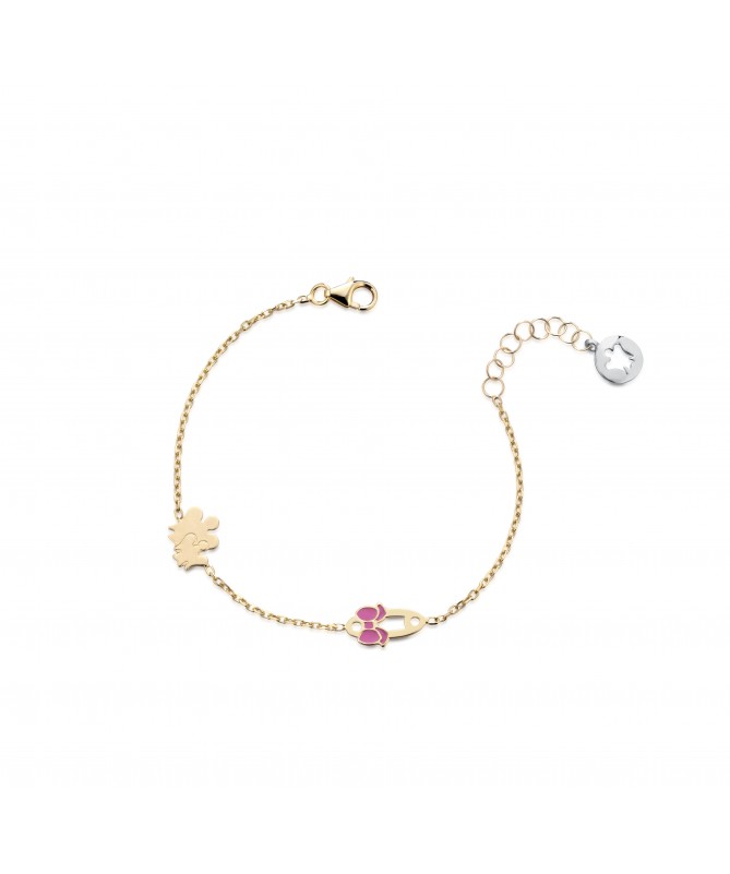 BRACCIALE BIMBA CON ANGELI E SPILLA IN ORO GIALLO CON FIOCCO IN SMALTO ROSA