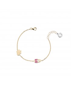 BRACCIALE BIMBA CON ANGELI E SPILLA IN ORO GIALLO CON FIOCCO IN SMALTO ROSA