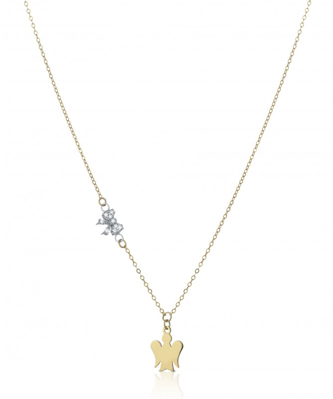 COLLANA CON PENDENTE ANGELO IN ORO GIALLO E FIOCCO IN ORO BIANCO CON ZIRCONI BIANCHI
