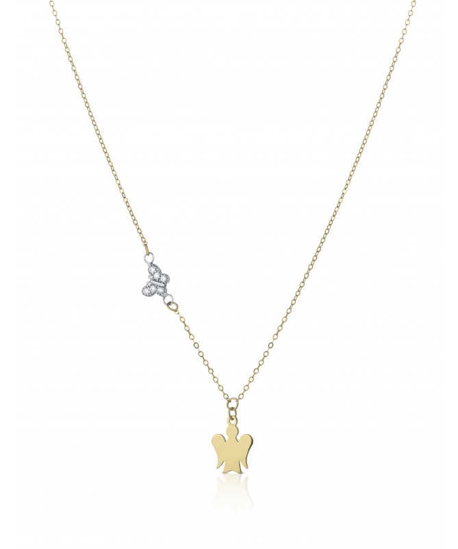 COLLANA CON PENDENTE ANGELO IN ORO GIALLO E FARFALLA IN ORO BIANCO CON ZIRCONI BIANCHI