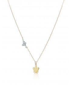 COLLANA CON PENDENTE ANGELO IN ORO GIALLO E FARFALLA IN ORO BIANCO CON ZIRCONI BIANCHI
