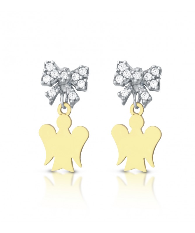 ORECCHINI CON ANGELI IN ORO GIALLO E FIOCCHI IN ORO BIANCO CON ZIRCONI BIANCHI