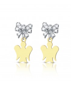 ORECCHINI CON ANGELI IN ORO GIALLO E FIOCCHI IN ORO BIANCO CON ZIRCONI BIANCHI