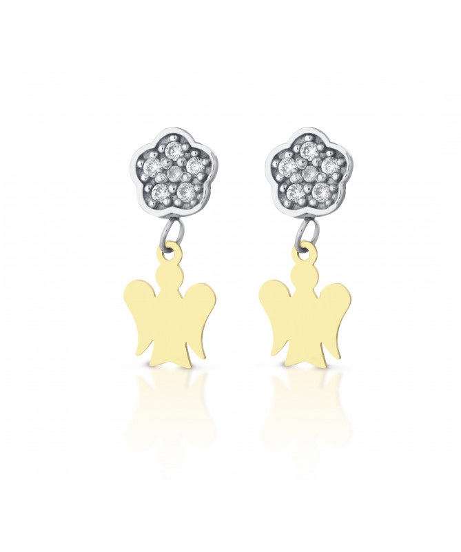 ORECCHINI CON ANGELI IN ORO GIALLO E FIORI IN ORO BIANCO CON ZIRCONI BIANCHI