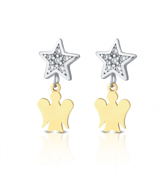ORECCHINI CON ANGELI IN ORO GIALLO E STELLE IN ORO BIANCO CON ZIRCONI BIANCHI