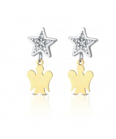 ORECCHINI CON ANGELI IN ORO GIALLO E STELLE IN ORO BIANCO CON ZIRCONI BIANCHI