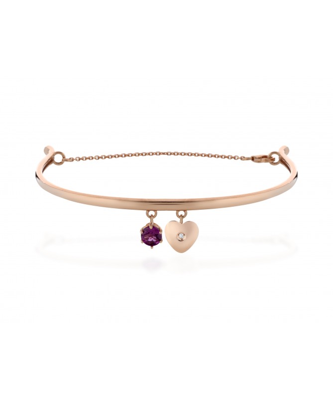 BRACCIALE SEMI RIGIDO CON PIETRA E CUORE CON DIAMANTE CHARMS IN ORO ROSA