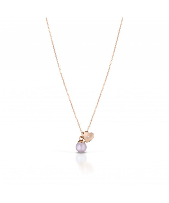 GIROCOLLO CON PENDENTE PERLA ROSA E CUORE PASSANTE CON DIAMANTE IN ORO ROSA