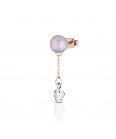 MONO ORECCHINO CON PERLA E ANGELO PENDENTE IN ORO ROSA