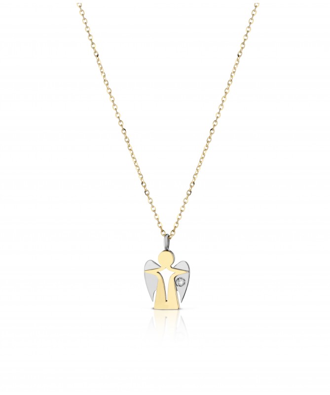 COLLANA IN ORO GIALLO CON PENDENTE ANGELO IN ORO GIALLO E BIANCO E DIAMANTE