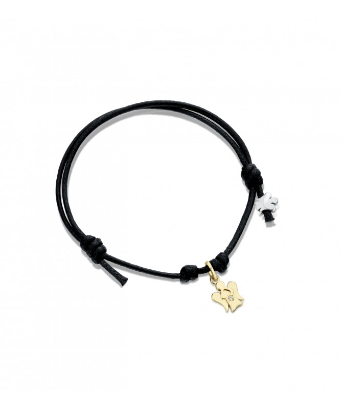BRACCIALE CON ANGELO CHARM IN ORO GIALLO, DIAMANTE E CORDINO NERO 