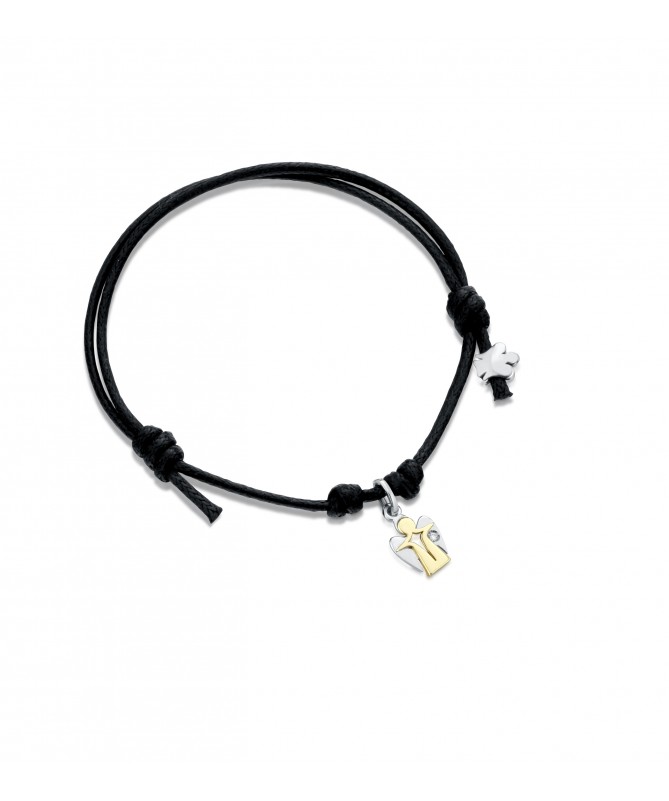 BRACCIALE CON ANGELO CHARM IN ORO GIALLO E BIANCO, DIAMANTE E CORDINO NERO 