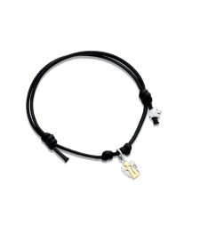 BRACCIALE CON ANGELO CHARM IN ORO GIALLO E BIANCO, DIAMANTE E CORDINO NERO 
