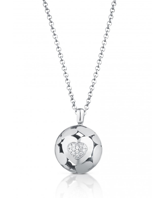 COLLANA CON PENDENTE CHIAMA ANGELI "CON DEDICA" IN ARGENTO E CUORE CON ZIRCONI BIANCHI