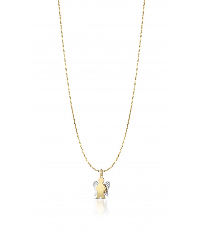 COLLANA CON PENDENTE ANGELO IN ORO GIALLO E ALI DIAMANTATE IN ORO BIANCO