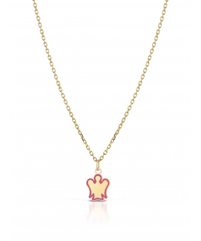 COLLANA BIMBO/A CON PENDENTE ANGELO IN ORO GIALLO E SMALTO ROSA