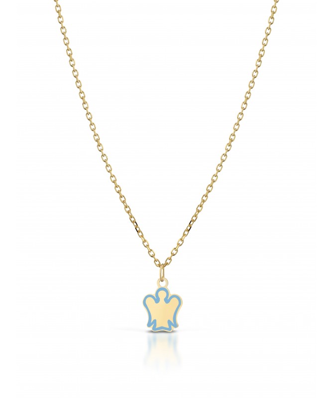 COLLANA BIMBO/A CON PENDENTE ANGELO IN ORO GIALLO E SMALTO CELESTE