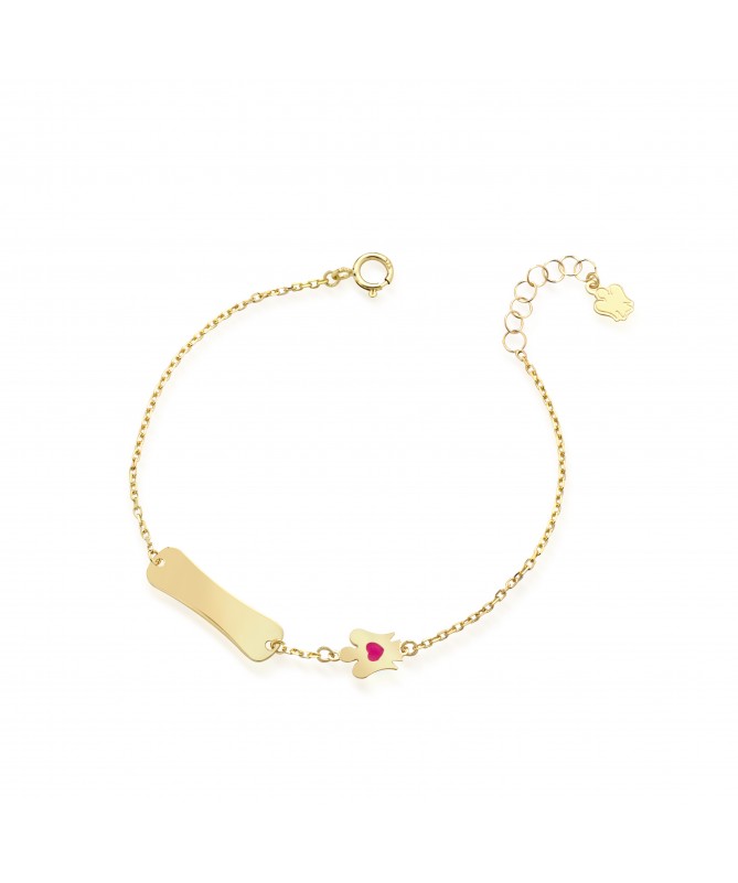 BRACCIALE BIMBO/A CON TARGHETTA IN ORO GIALLO E ANGELO CON CUORE IN SMALTO ROSA