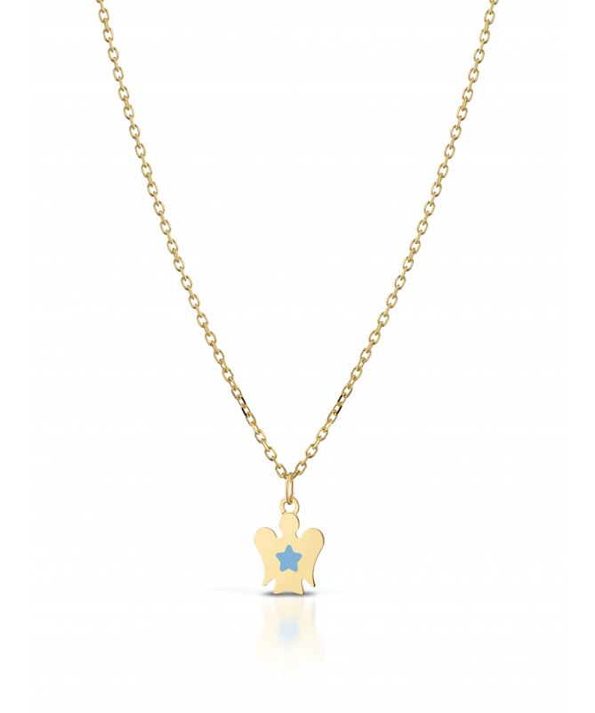 COLLANA BIMBO/A CON PENDENTE ANGELO IN ORO GIALLO CON STELLA IN SMALTO CELESTE