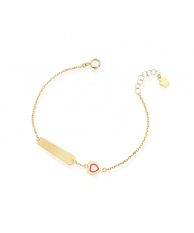 BRACCIALE BIMBO/A CON TARGHETTA IN ORO GIALLO E CUORE IN SMALTO ROSA
