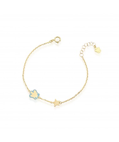 BRACCIALE BIMBO/A CON ANGELO IN ORO GIALLO, SMALTO CELESTE E STELLA 