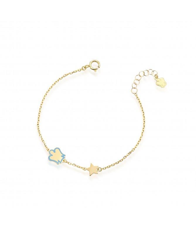 BRACCIALE BIMBO/A CON ANGELO IN ORO GIALLO, SMALTO CELESTE E STELLA 