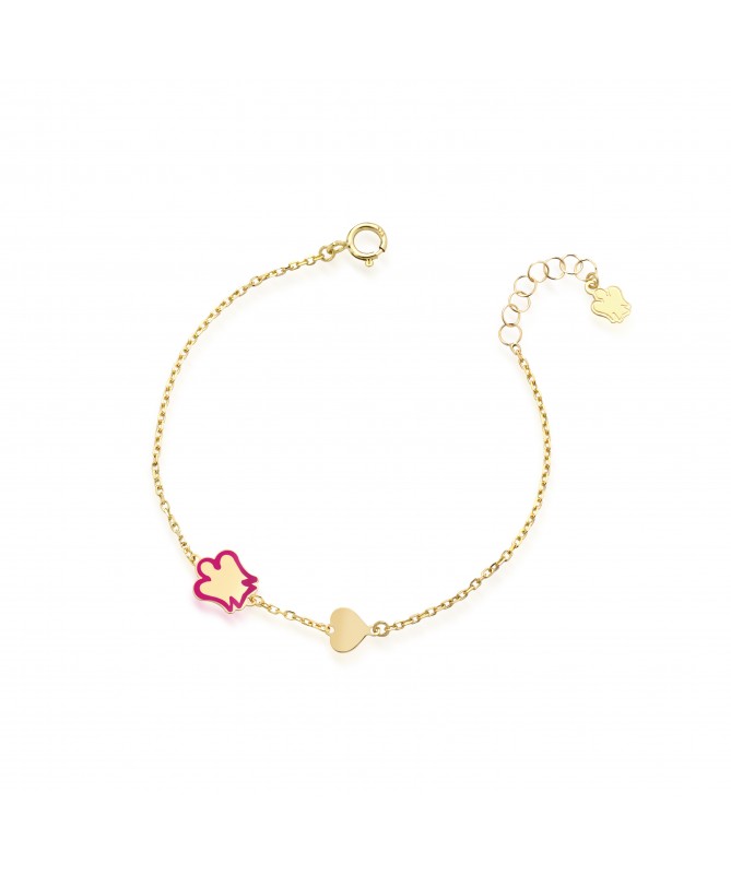 BRACCIALE BIMBO/A CON ANGELO IN ORO GIALLO, SMALTO ROSA E CUORE 